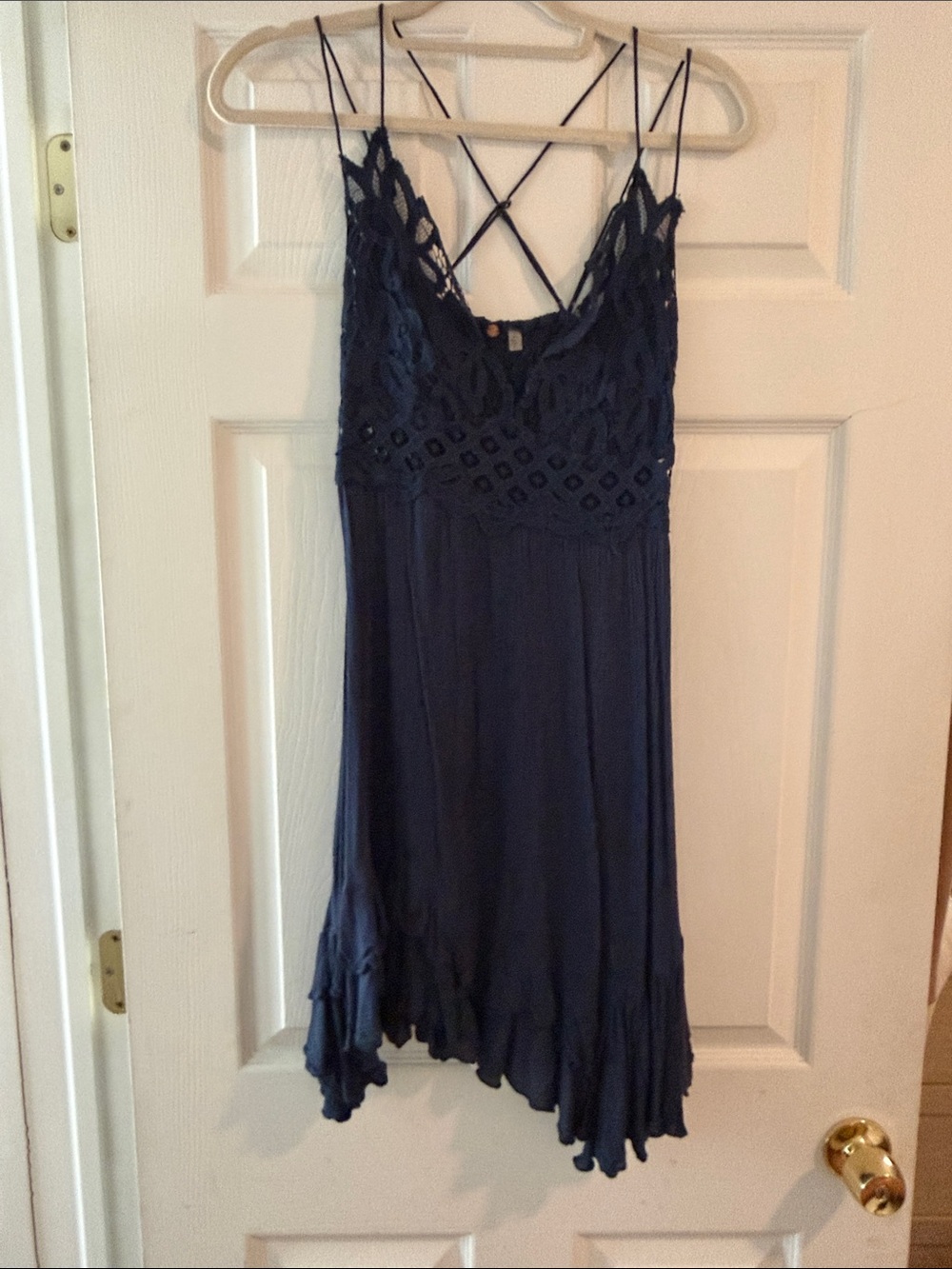 Free People Navy Blue Asymmetrical Lace-Trim Slip Dress